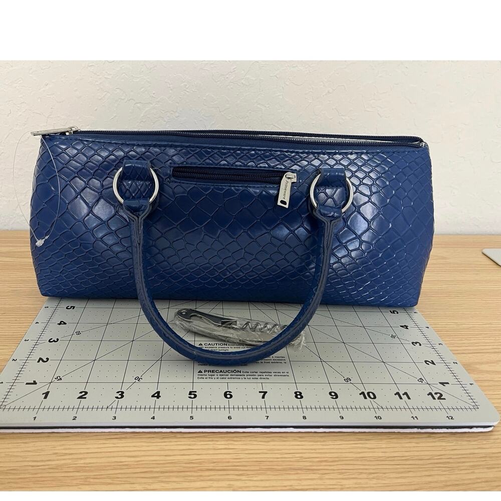 Primeware Blue Insulated Wine Bottle Tote Handbag Faux Snakeskin w/Corkscrew